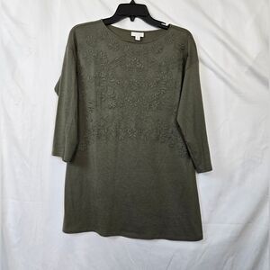 J.‎ Jill Womens Olive Green Floral Embroidered 3/4 Sleeve Boho Tunic Top Small